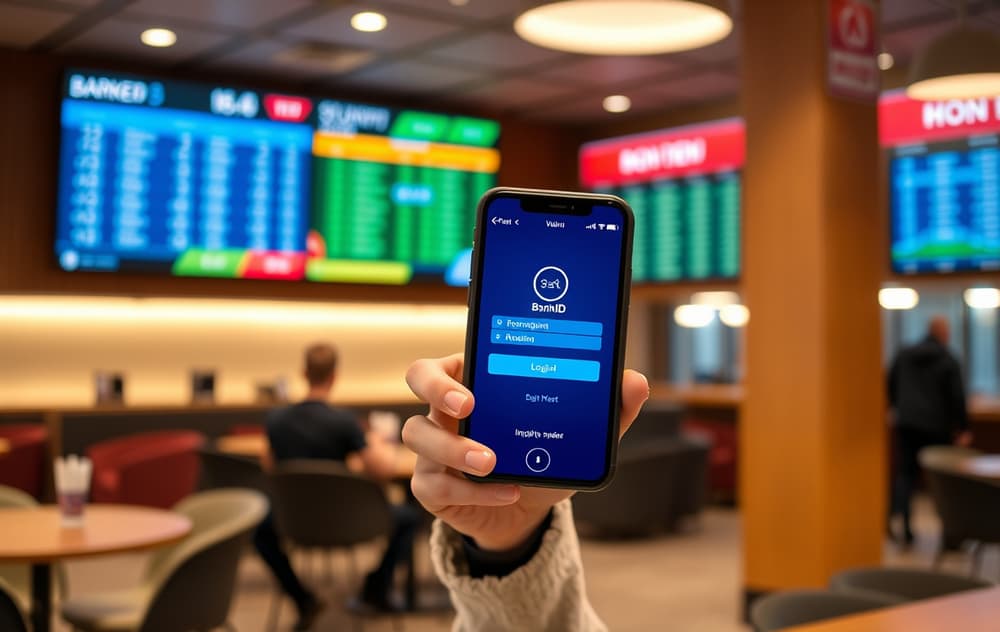 Person med mobil med BankID-loggskjerm foran en bettinglounge med odds og skjermer