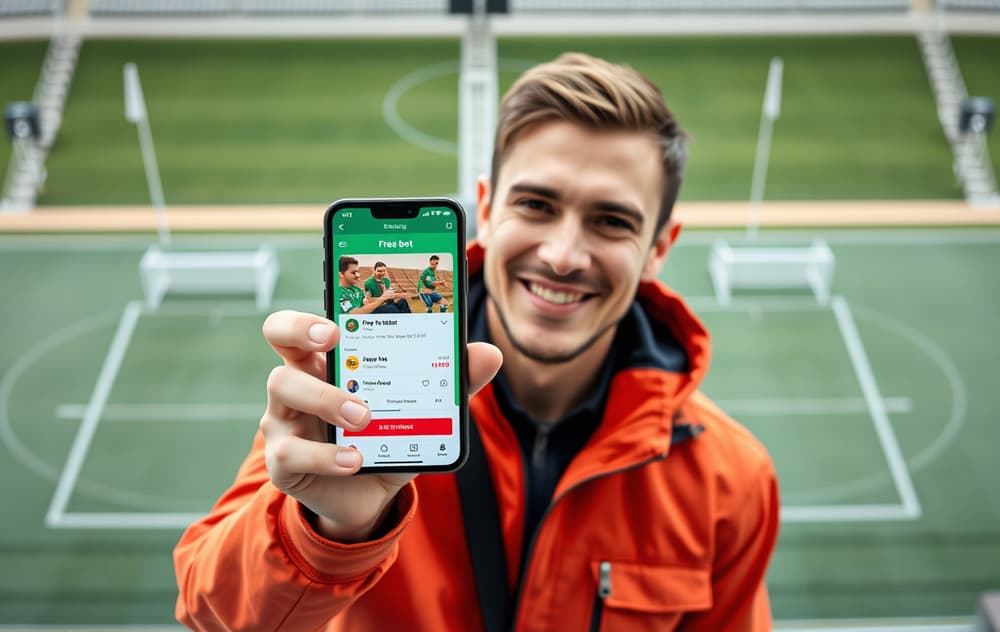 Norsk sportsfan med mobil som viser gratisspill-tilbud på en bettingapp, med stadion i bakgrunnen.