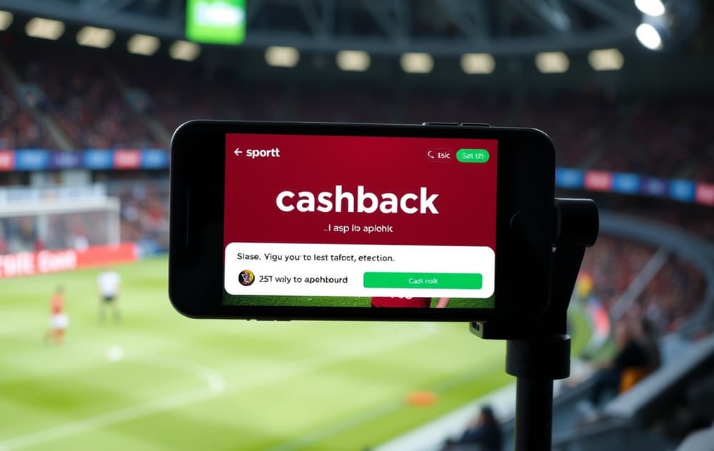 Mobilskjerm med cashback-varsel og fotballkamp i bakgrunnen