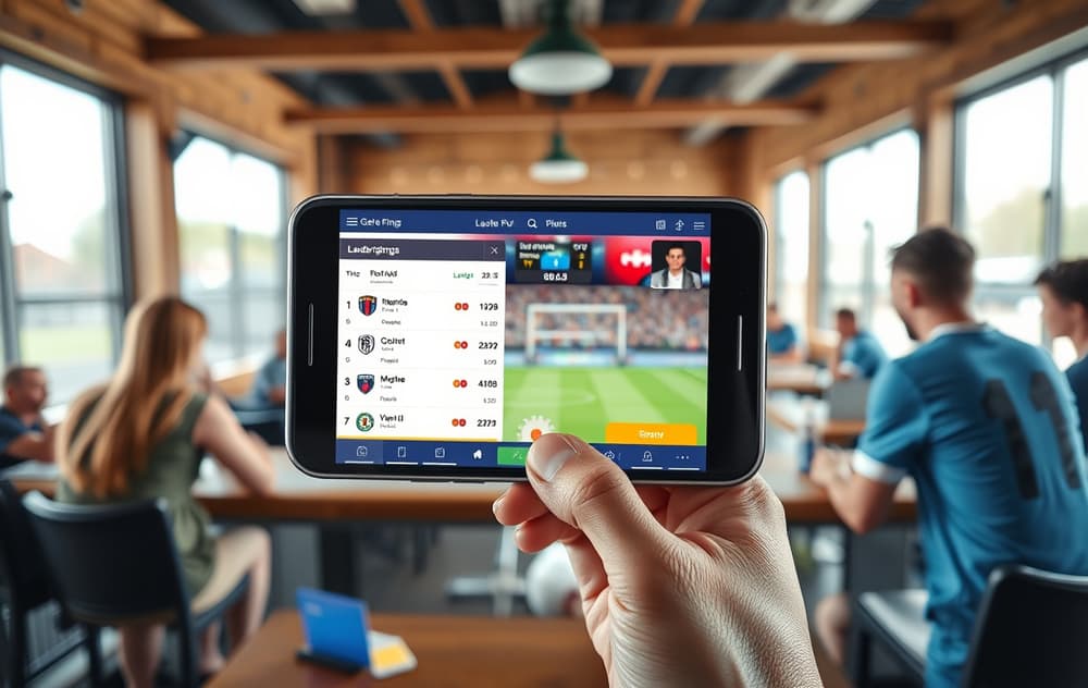 En fotballkamp på TV med en smarttelefon som viser en betting-app med odds og ledertavle for en oddskonkurranse.