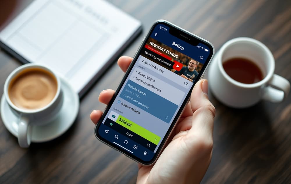 Hånd som holder mobil med bettingapp, bonusvilkår synlig på skjerm, kaffekopp og notatblokk ved siden av