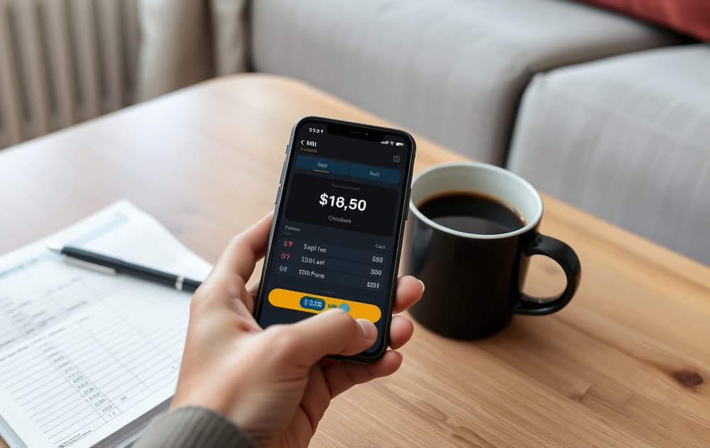 Person som holder mobil med betting-app og odds, med kalkulasjoner i notatbok