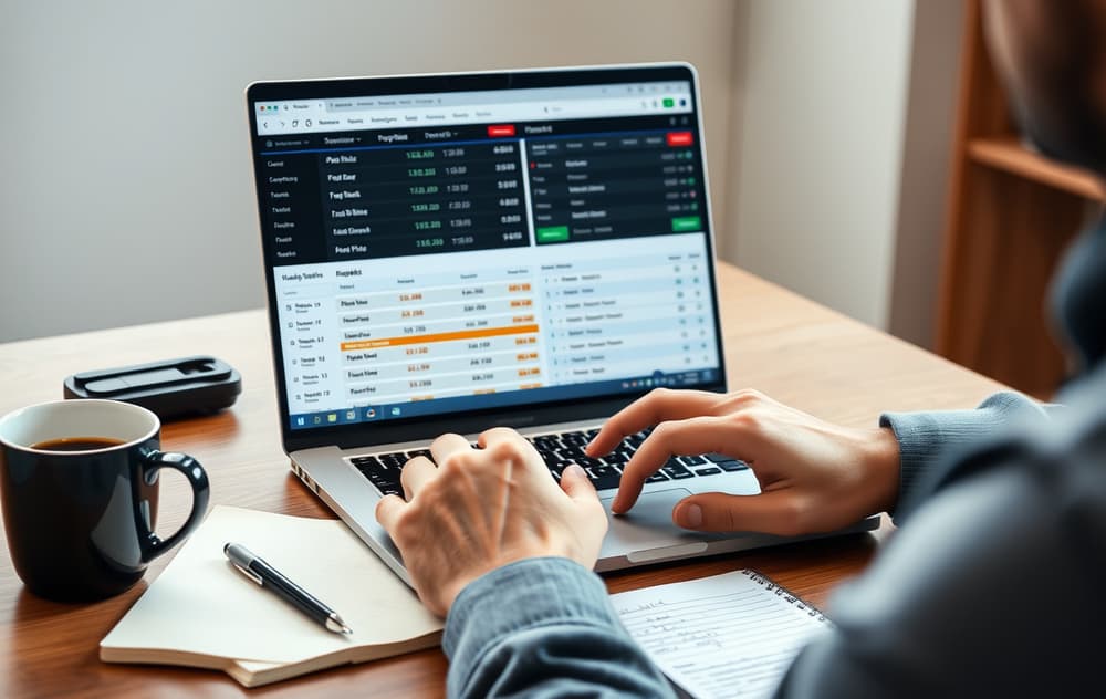 En person sammenligner odds på to bettingsider på en bærbar PC, med kaffekopp og notatblokk på skrivebordet.