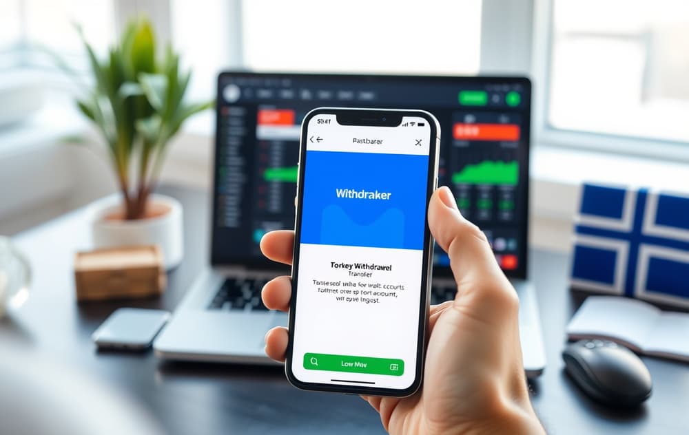 Person med mobil som viser uttakbekreftelse fra en bookmaker, med norske elementer.