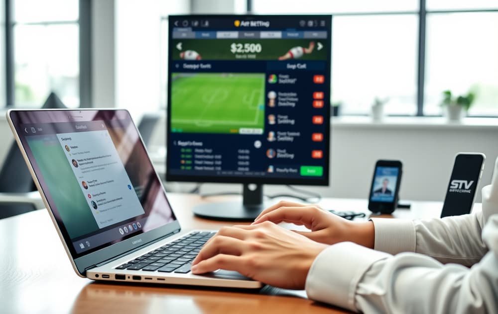 Person som bruker kundeservice-chat på laptop, med telefon og sportsodds i bakgrunnen