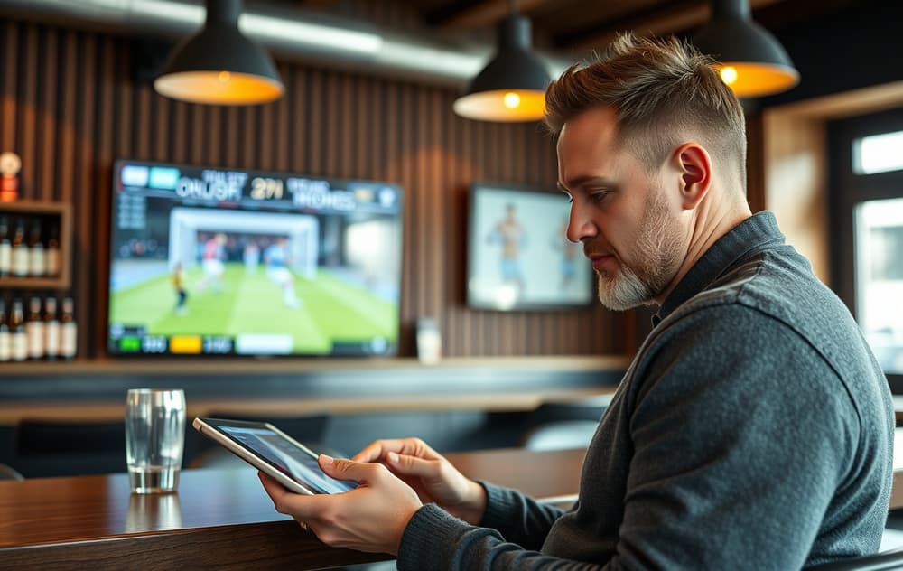 Mann analyserer odds på nettbrett i sportsbar med fotballkamp på TV