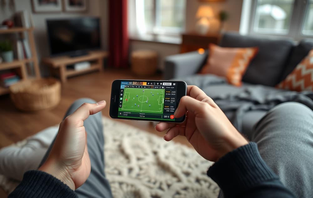 Person som tipper på mobilen med fotballkamp på skjermen