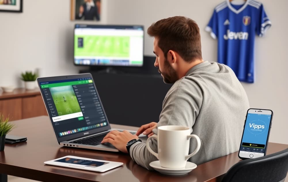 Person som sammenligner fotballodds på laptop med kaffe og mobiltelefon, ansvarlig spillestemning.