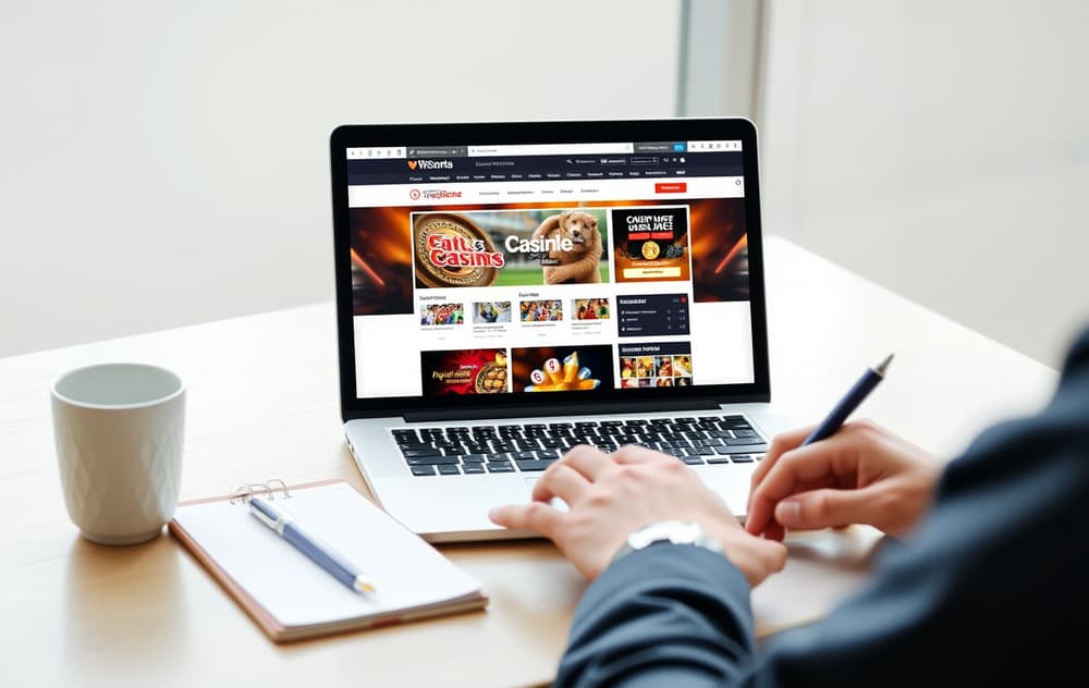 Person som sammenligner nettcasino på laptop med notatblokk