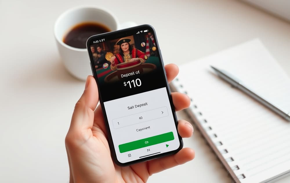 Person som holder en mobiltelefon med et casinoapp hvor det står 10 kroner innskudd, med kaffekopp og notatbok i bakgrunnen.