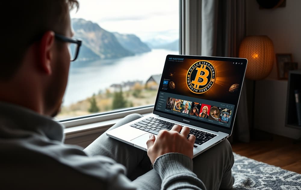 Person som spiller på nettcasino med Bitcoin-symbol på skjermen, med utsikt over norsk fjord