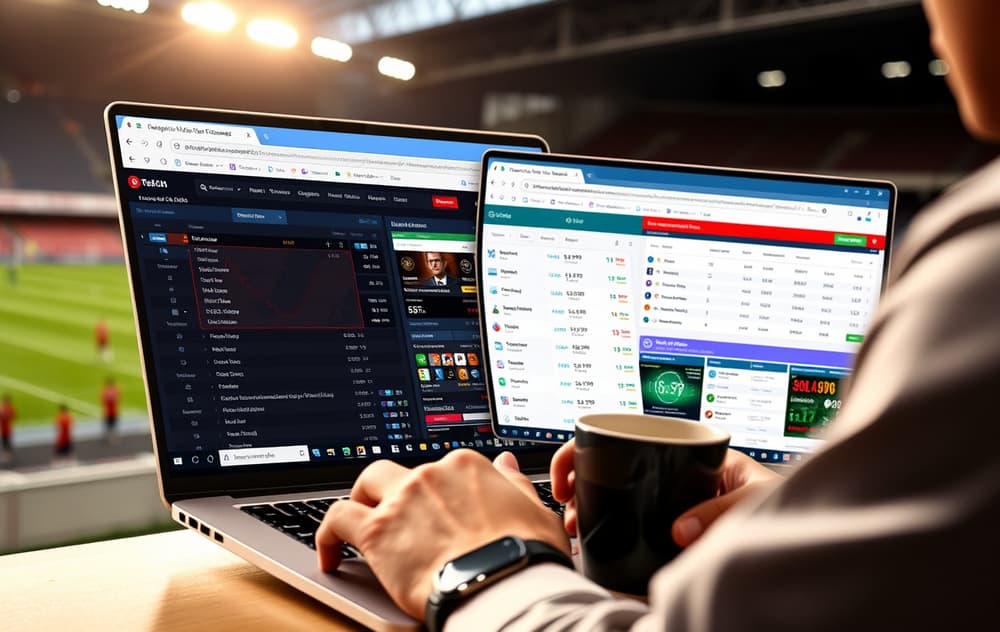 En person som sammenligner fotballodds på en bærbar PC med flere faner åpne for ulike bettingsider.