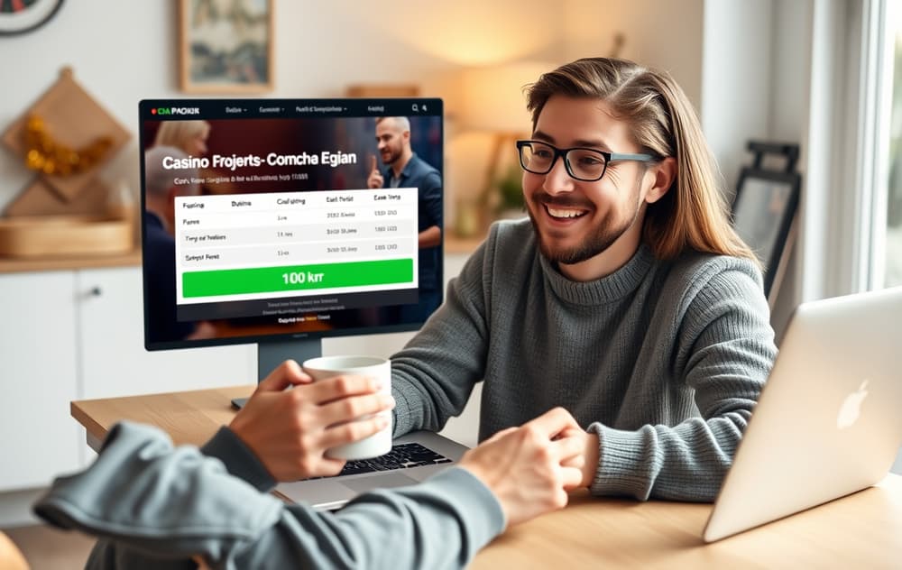 Person som sitter ved skrivebord og ser på en laptop med en casino-sammenligningsside som viser gratisbonus