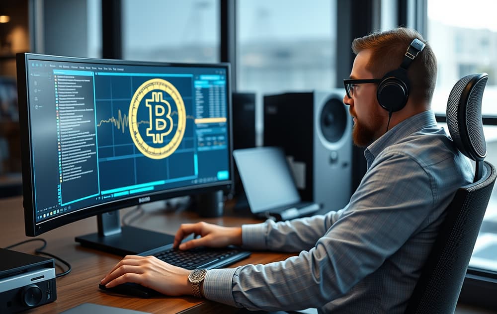 Person som spiller på kryptocasino med Bitcoin-lommebok på skjermen.