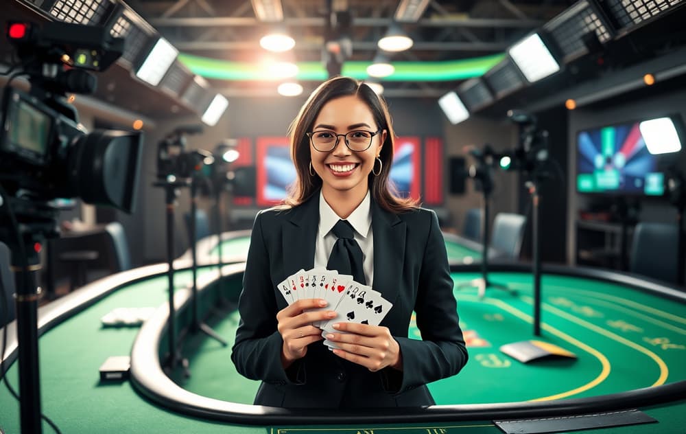 Live casino-studio med kvinnelig dealer som holder spillkort, med kameraer og rulettbord i bakgrunnen