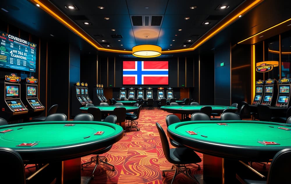 Moderne casinointeriør med grønne bord og digitale spilleautomater, norsk flagg i bakgrunnen