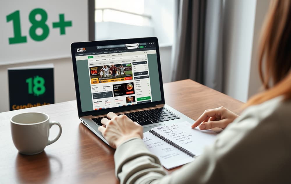 Person som sammenligner bettingsider på laptop med notater om odds og bonuser