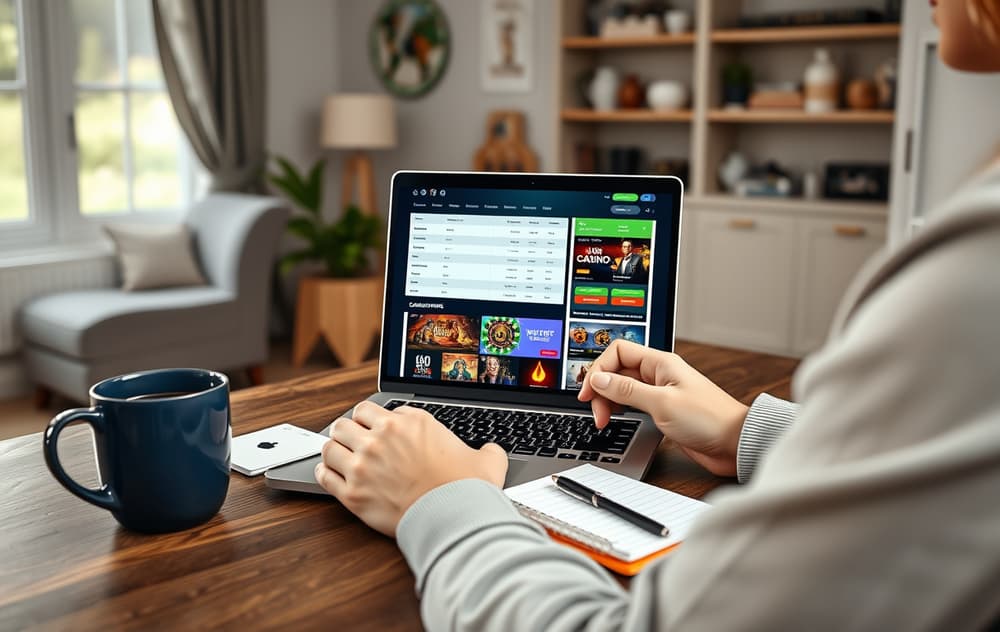 En person som sammenligner utenlandske casinoer på en bærbar PC