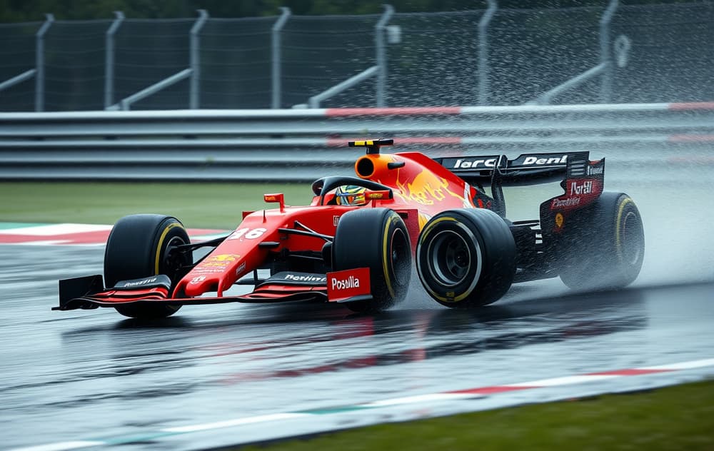 Formel 1-bil i sving med oddsinformasjon på skjermen