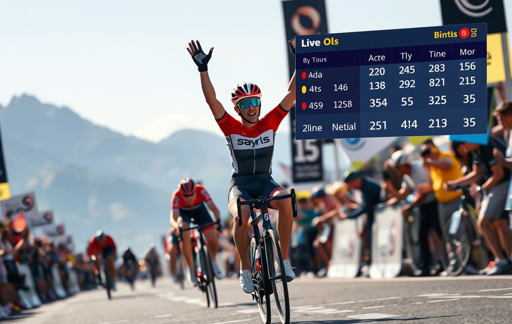 Syklist som vinner en etappe i Tour de France med odds-tavle i bakgrunnen